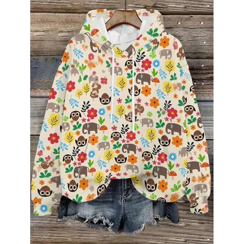 Womens Oversized Hooded Sweatshirt With Cartoon Animal Print Casual Streetwear Top Fall 2025