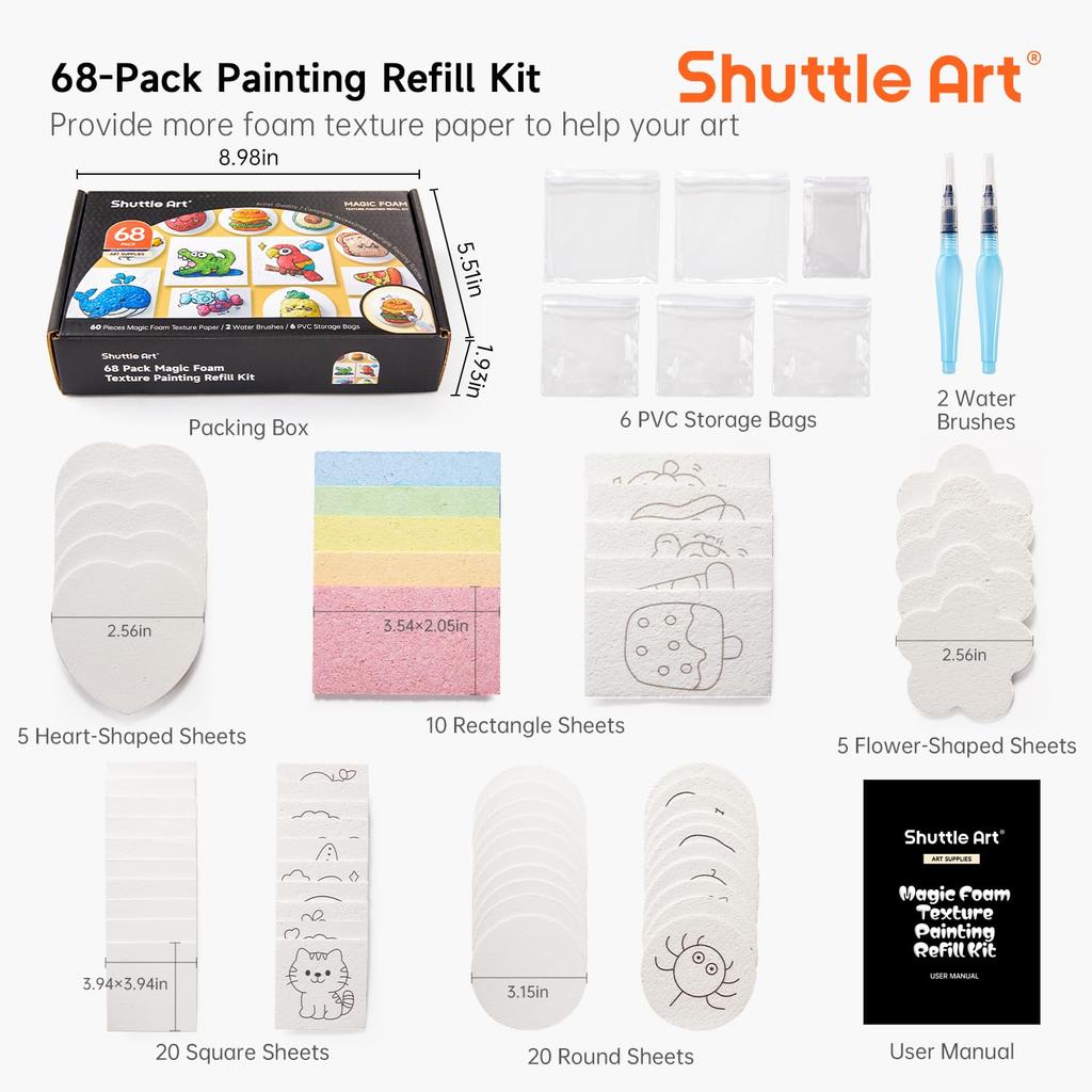 Shuttle Art Sponge Paper 68-Piece Set: 60 Water-Expanding Paper Sheets, 2 Water Brushes, 6 PVC Storage Bags, Refill Paper, Upgraded Version. Create Fl