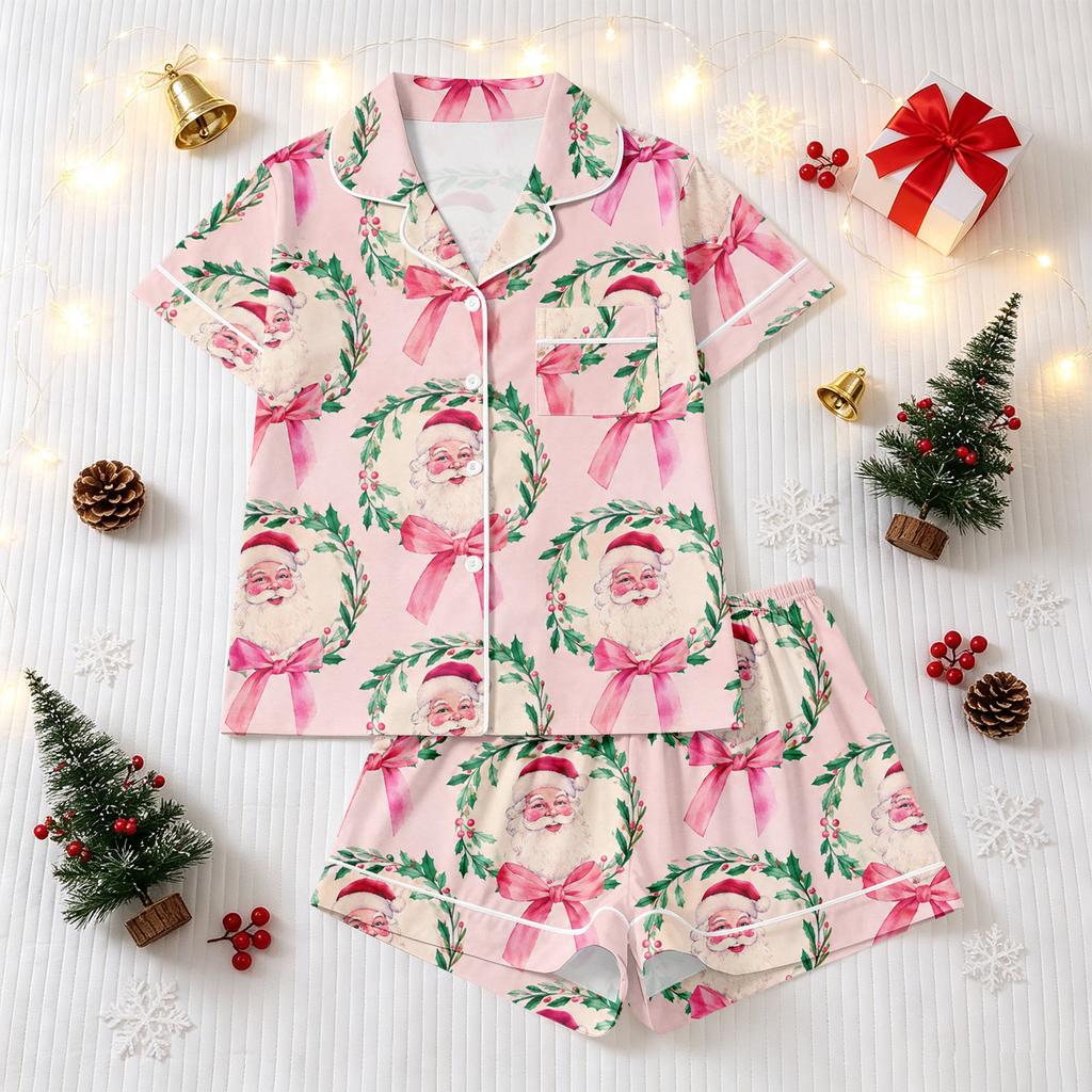 Women's Christmas Pajama Set Short Sleeve Button Down Shirt and Shorts Sleepwear