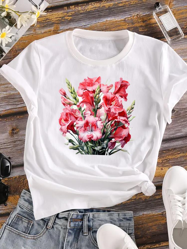(Asian Size) Women Flower Watercolor Trend Cute 90s Short Sleeve Fashion Tee Top Clothing Print Lady Casual Tshirt Female Graphic T-shirts