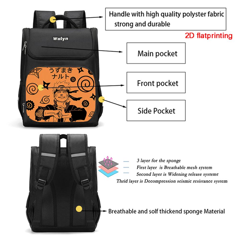 NARUTO Anime Kids Backpack Large Capacity Multi Compartment Wear Resistant School Daily Backpack for Boys Girls 6-10 Years Old