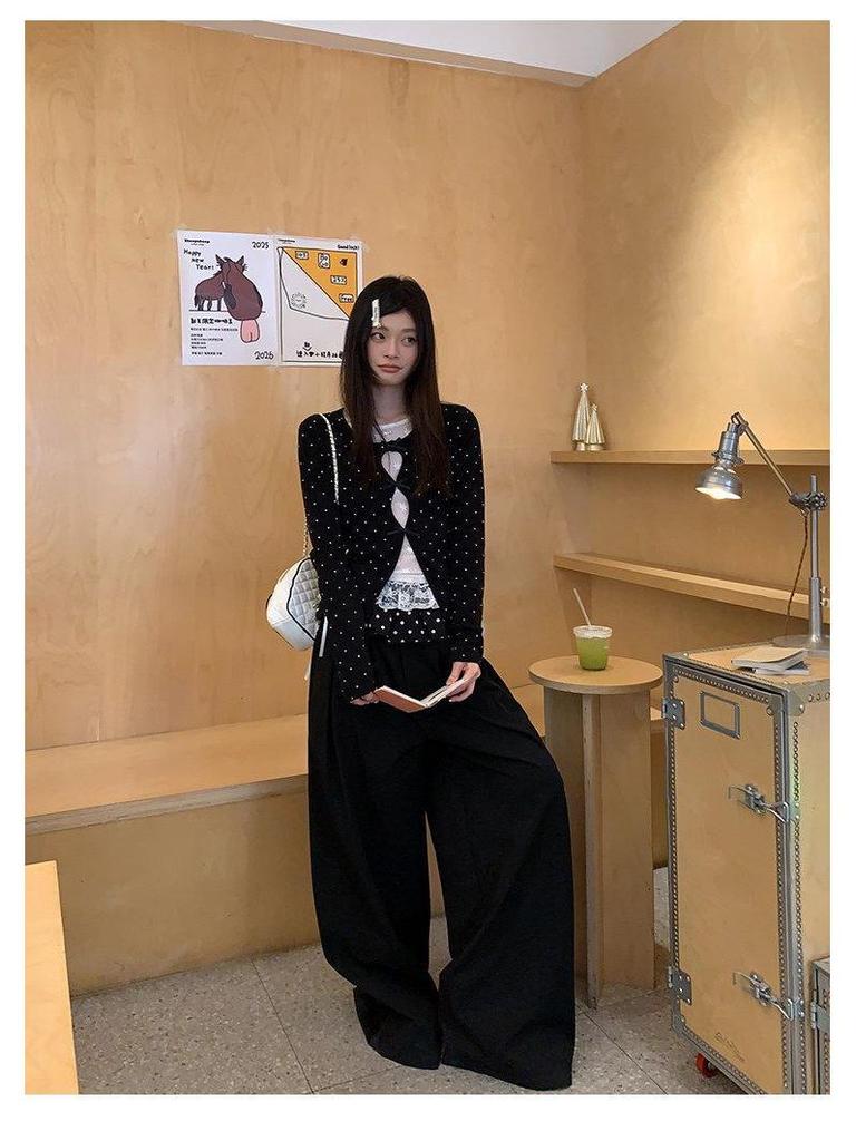 Women's Slimming Lace Long Sleeve Polka Dot T-Shirt - Black & White, Korean Style, Spring Collection