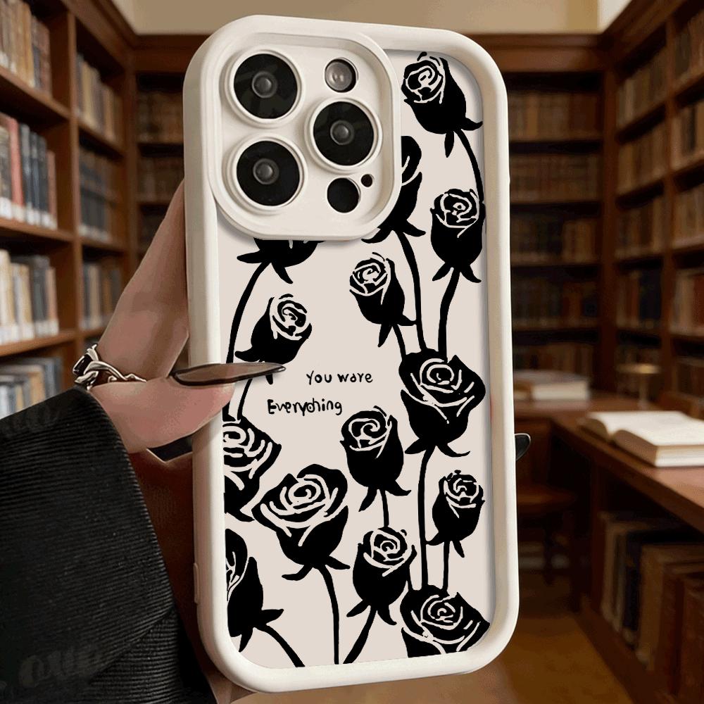 Black Rose Silhouettes Soft TPU Phone Case for iPhone 17 16 15 14 13 12 11 Pro Max Plus Shockproof Anti-Slip Cover