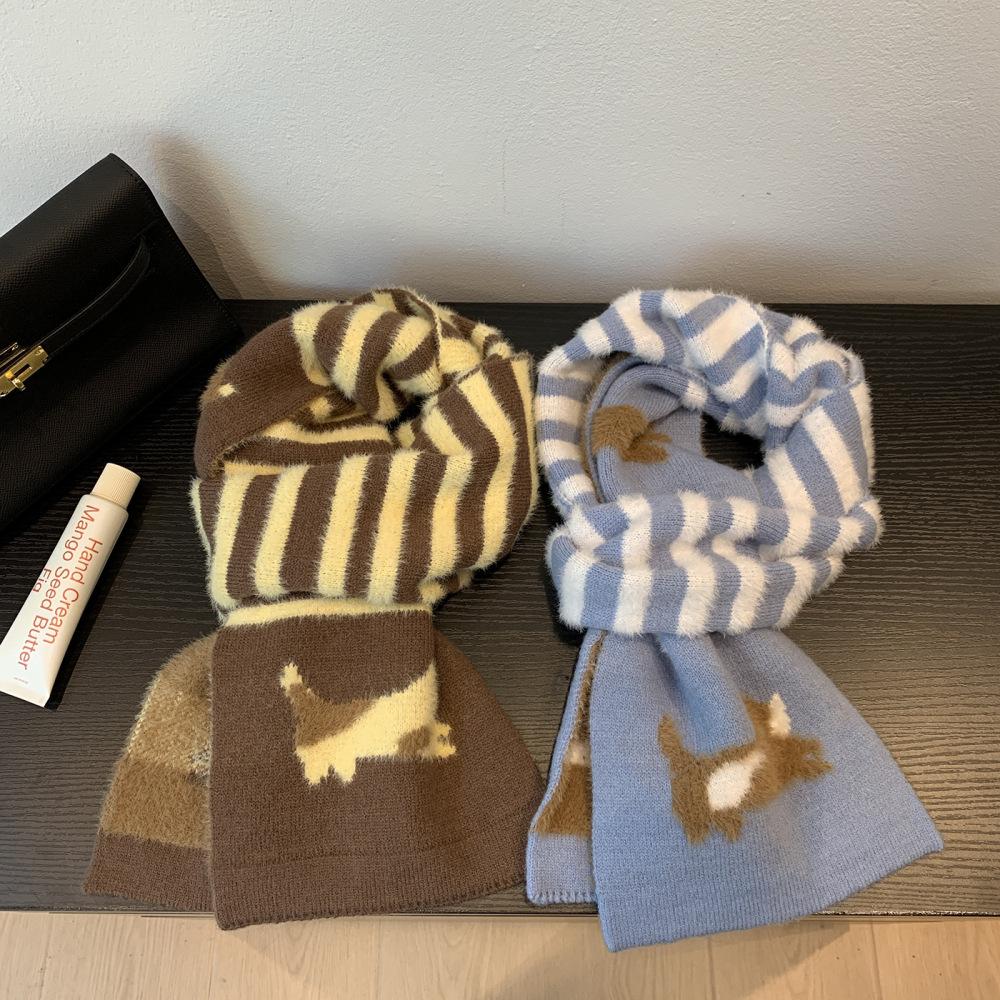 Korean striped puppy knitted scarf winter thickened warm imitation rabbit hair soft waxy scarf ins wind versatile