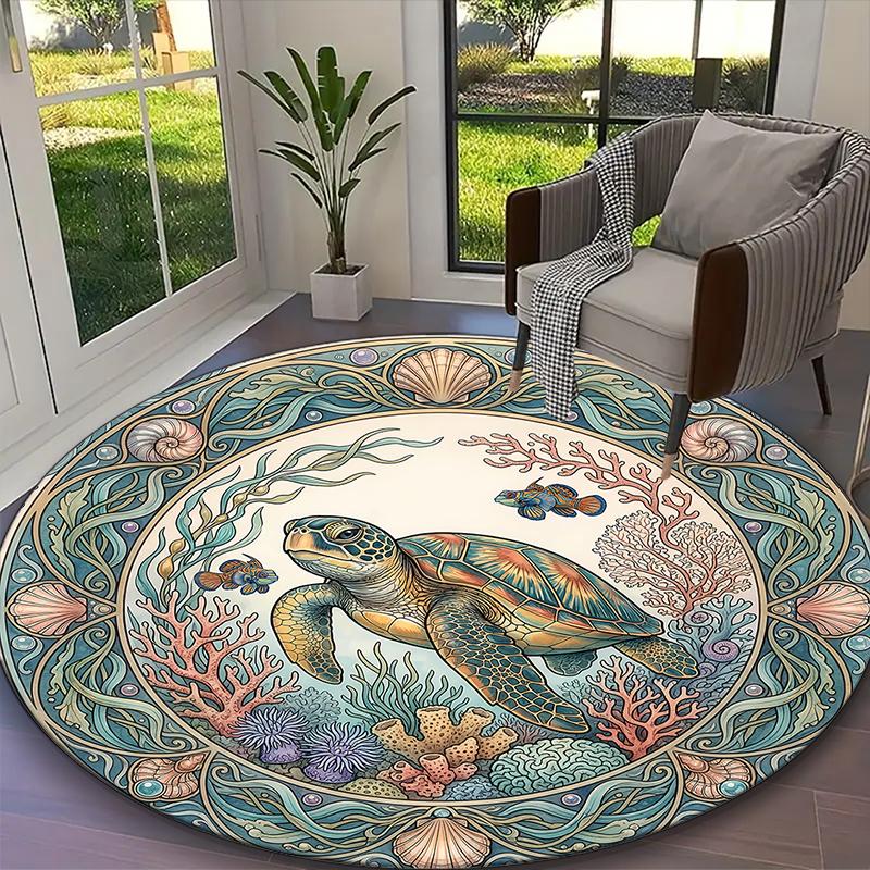 1pc Deep Blue Sea Turtle Carpet for Room Floor Mat, Comfortable Office Chair Printed Round Rug, Beautiful Hotel Rug