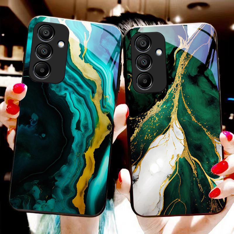 Green Marble For Samsung Galaxy A15 5G 54 4G 51 50 24 35 90 71 12 51 53 52S 80 22 34 Black Tempered Glass Phone Case