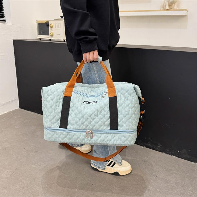 Nylon Travel Duffle Bag with Shoe Compartment, Large Capacity Argyle Pattern Casual Weekender Travel Handbag Gym Storage Bag