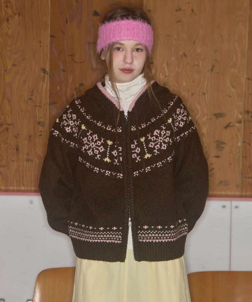 Cgp (Women) Nordic Pattern Hooded Knit Zip-Up_Brown