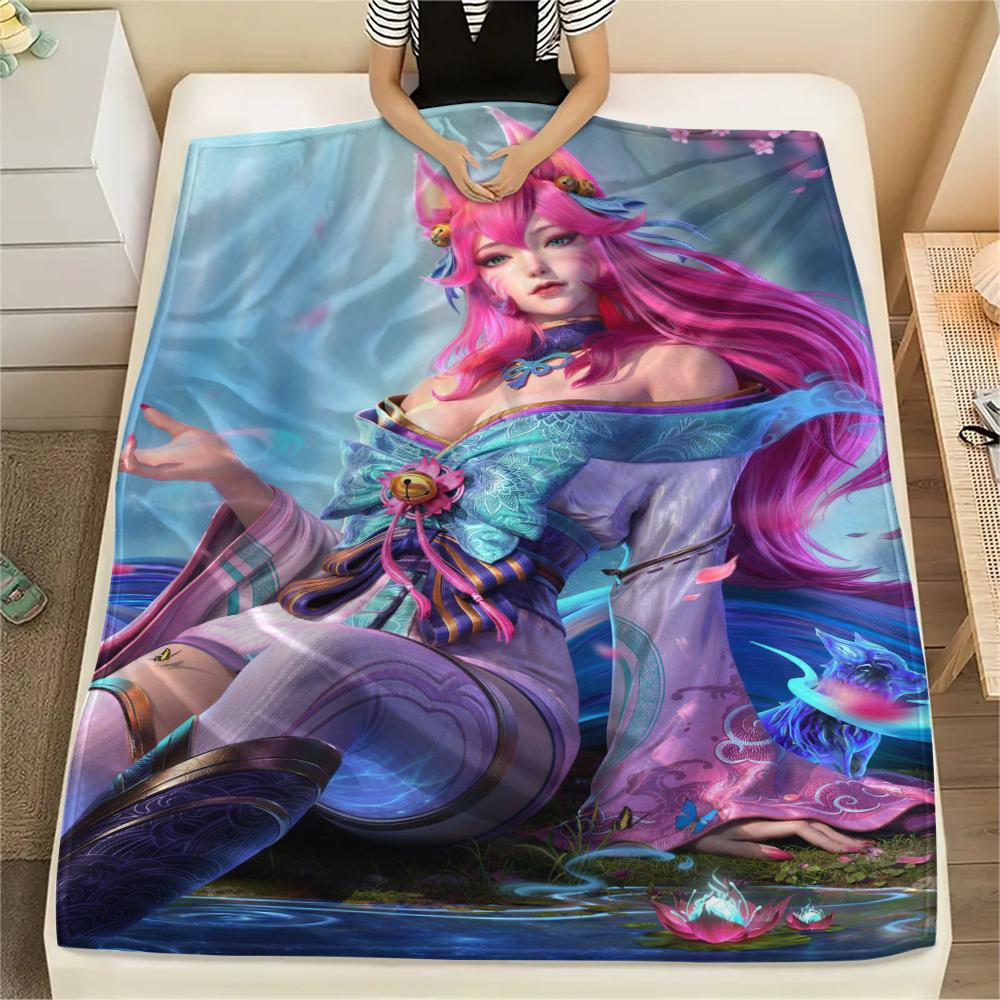 1Pc KDA Ahri Print Flannel Blanket, High Quality Comfortable for All Seasons, Home Decor, Warmth and Comfort, Perfect for Gifts