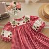 Girls Summer Puff Sleeve Strawberry Print Block Plaid Loose Princess Dress Casual Cute Party Wear For Kids