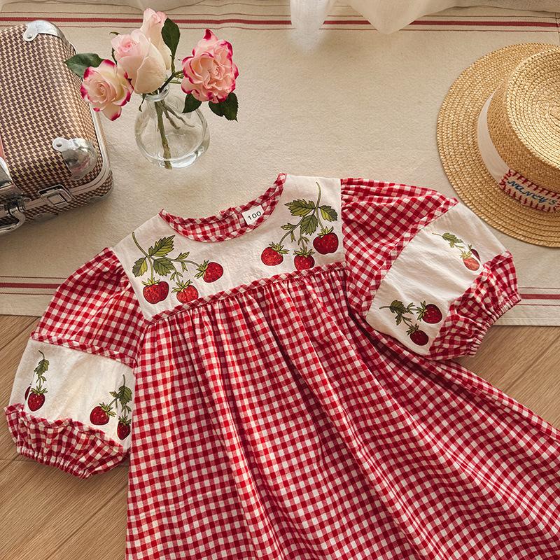 Girls Summer Puff Sleeve Strawberry Print Block Plaid Loose Princess Dress Casual Cute Party Wear For Kids