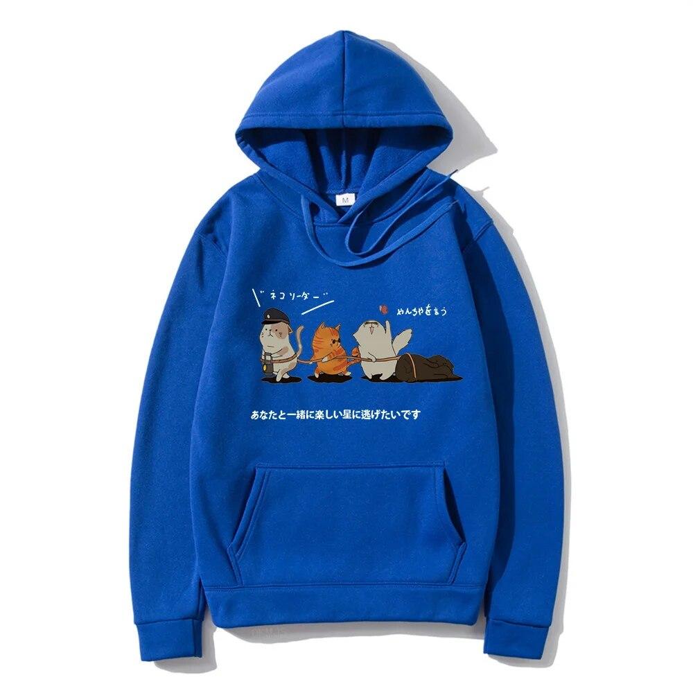 Men Hip Hop Unisex's Hoodies Streetwear Japanese Kanji Harajuku Funny Cat Unisex Hoodies Sweatshirts Autumn Winter Oversized Clothing
