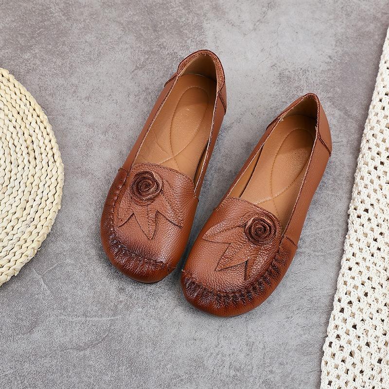 Mom single shoes leather soft sole soft surface medium and old women's shoes flower handmade women's shoes cowhide