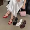 Fashion SUOJIALUN 2025 Summer New Brand Women Slipper Fashion Narrow Band Shallow Slides Thin Low Heel Outdoor Dress Sandal Pumps