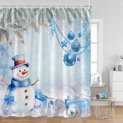Blue Snowman Shower Curtain Fir Branch Xmas Ball Gift Snowflake Winter Christmas Bath Curtain Set Home Bathroom Decor with Hoo
