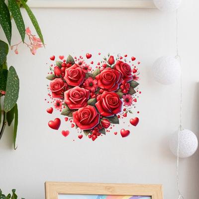 Valentine's Day Heart-shaped Rose Wall Stickers, Holiday Decorative Stickers, Removable Self-adhesive PVC.
