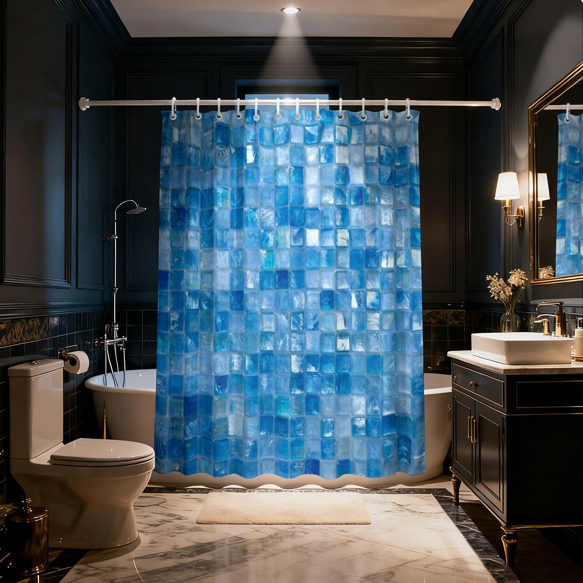 

1Pc Blue Ice Block Imitation Simple Print Waterproof Partition Privacy Hanging Curtain With 12 Hooks Multiple Sizes W60H190(CM)-1 Pcs