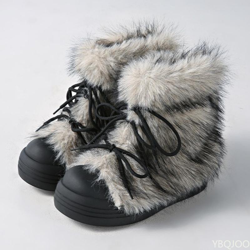 Herbst- und Winter-Modetrend Retro-Stiefel mit großem Zeh für Damen Warm und kältebeständig Dicksohlig Hoher Schaft Schneestiefel 38 graue