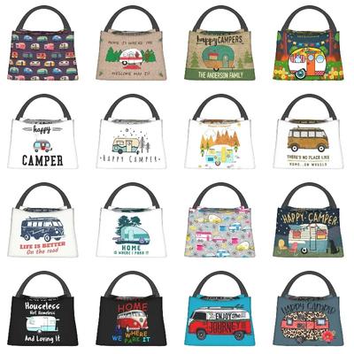Cartoon RV Happy Campers Insulated Lunch Tote Bag for Adventure Camping Van Life Cooler Thermal Food Lunch Box Office