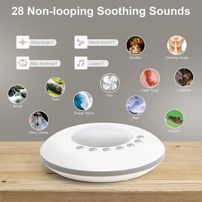 Zvukový stroj s 28 uklidňujícími zvuky Nastavitelná hlasitost Dobíjecí kompaktní designový stroj s bílým šumem se světlem