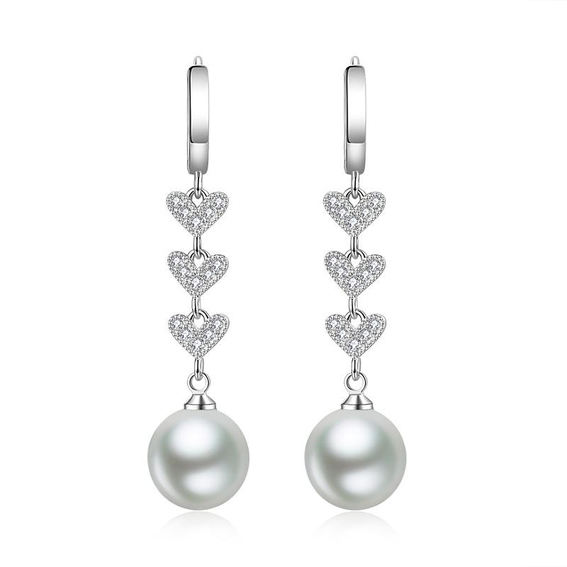 Exquis Boucle d'oreille Perle Femme Argent Sterling Cœur à Cœur Incrusté Zircon Boucles d'oreilles pour Femmes Longue Frange Statement