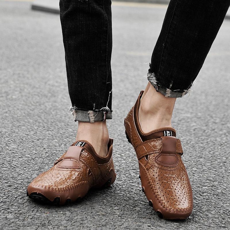 Men's Leather Crocodile Patterned Bean Shoes Hollow Breathable Large Size Octopus Shoes Brand Full Grain Leather Men Dress Shoes