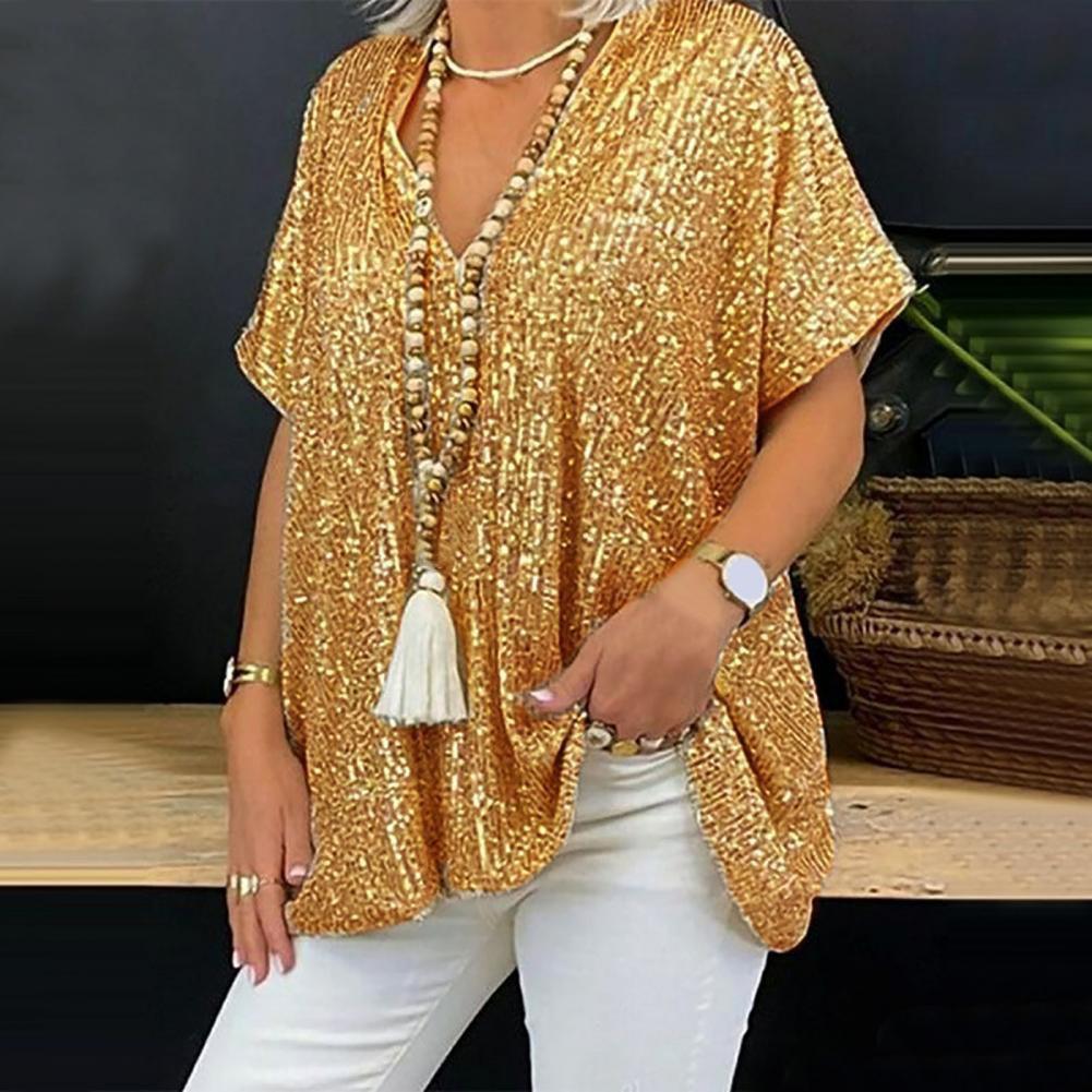 T-shirt Pullover Casual da Donna Estiva a Maniche Corte, Colore Unito, Vestibilità Larga, con Scollo a V e Paillettes