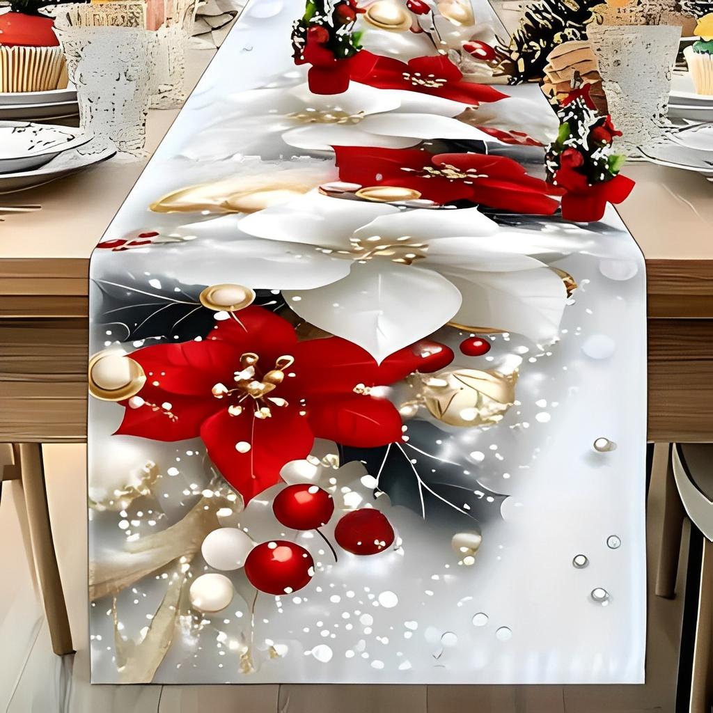 Elegantní bílý růže a borovice běhoun na stůl - 2D plochý tisk sváteční dekorace s červenou vánoční hvězdou a zeleným listovím, na Vánoce, Den díkůvzdání