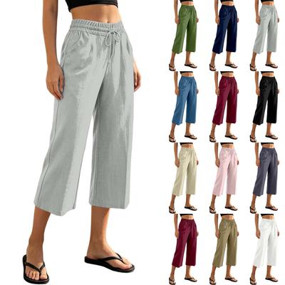 Women Casual Loose Fit Drawstring Waist Crop Pants with Back Pockets Wide Leg Linen Blend Trousers for Everyday Wear