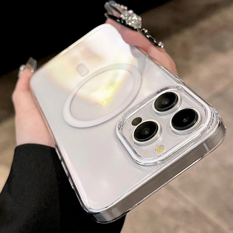 For Magsafe Phone Case For iPhone 17 16 15 14 13 Pro Max Plus 16e 17 Air Metal Buttons Transparent Clear PC Hard Cover