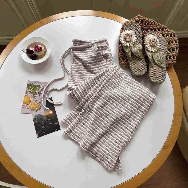 

Drawstring Striped Casual Low-Rise Sexy Slit Pants Dark brown XL