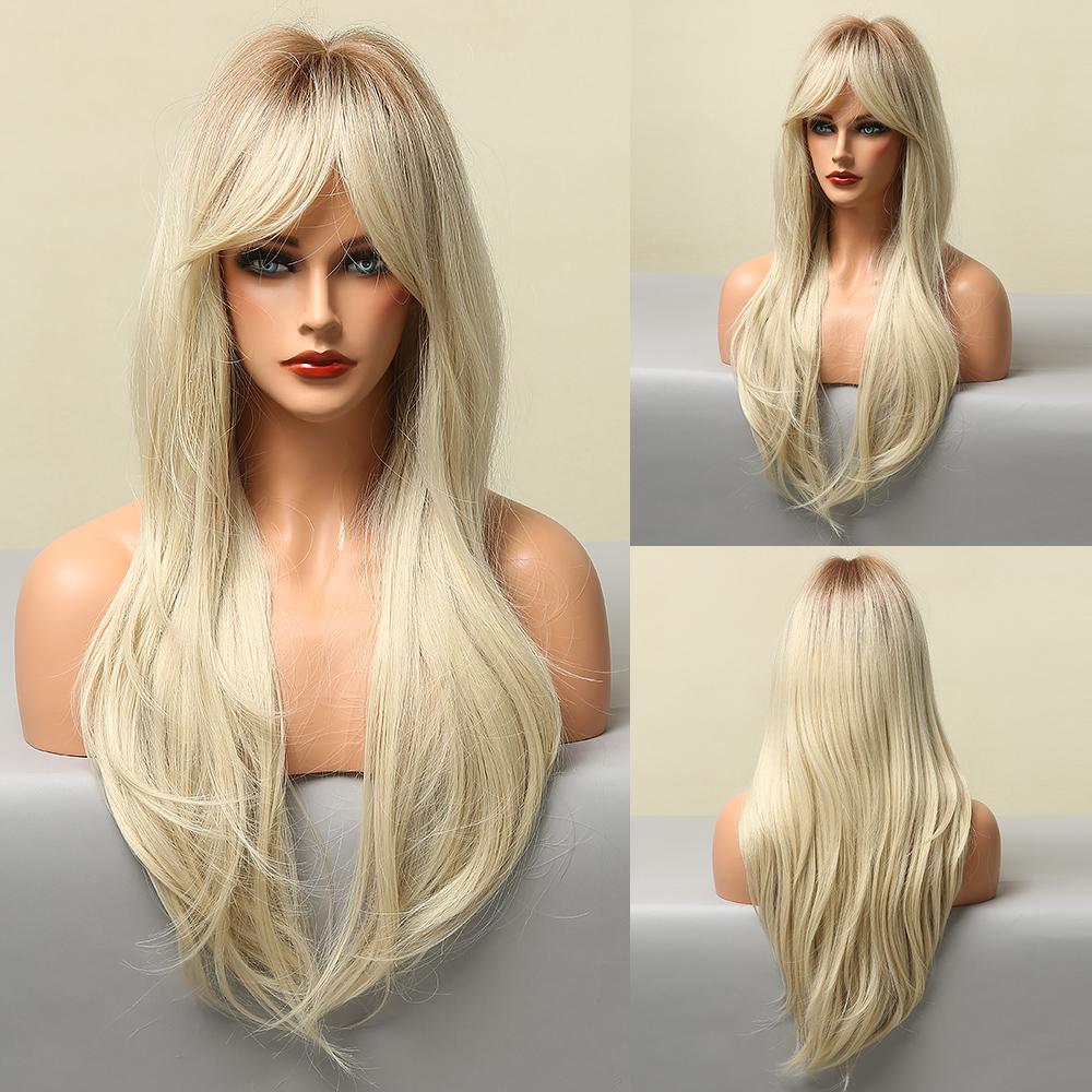 LOUIS FERRE Synthetic Long White Wigs with Bangs Cosplay Straight Wigs with Brown Highlight Natural Fake Hair for Black Women