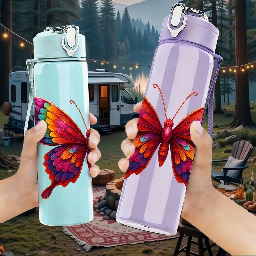 1 PZ Farfalla con Ala Arcobaleno Primo Piano 750ml Plastica Colorata Borraccia Sportiva Tappo Flip con Cannuccia Anti-perdita Adatta per Sport Ufficio Uso Domestico