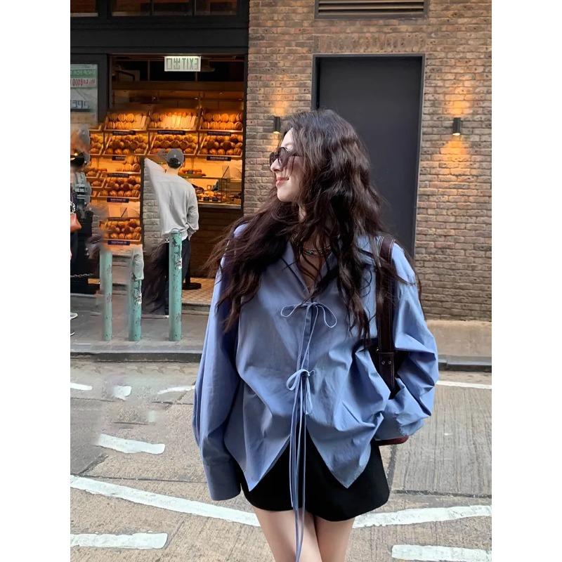 Camicia con papillon da donna, nuova per la primavera e l'autunno, stile retrò francese, top ampio