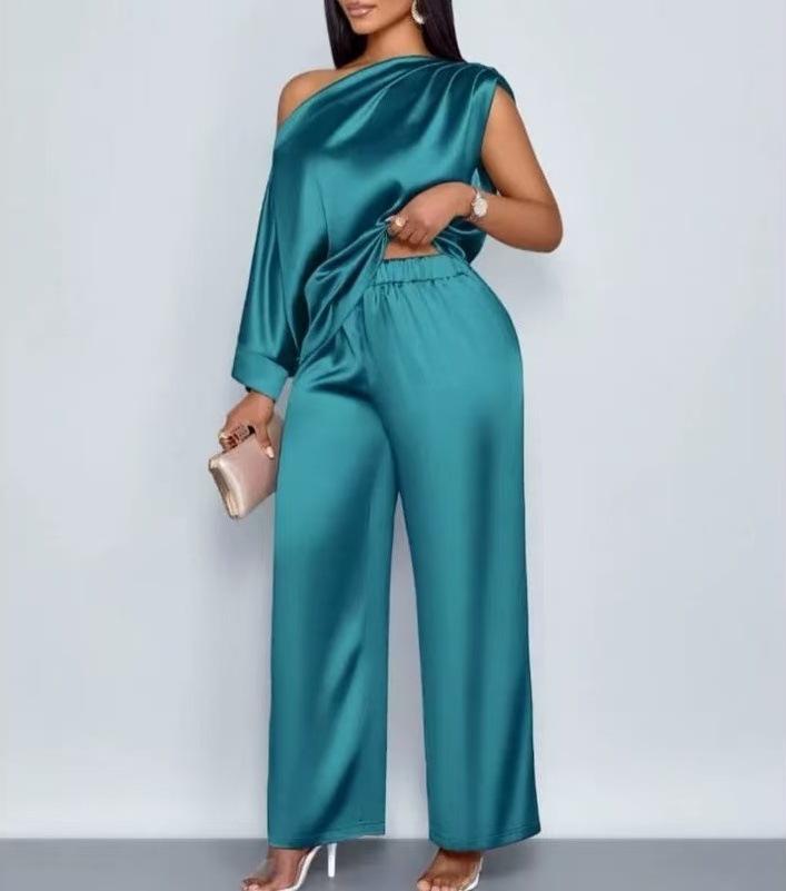 Damen One-Shoulder Drapierter Ärmelloser Uni-Farben Satiniert Weiter Bein Hosenanzug Set