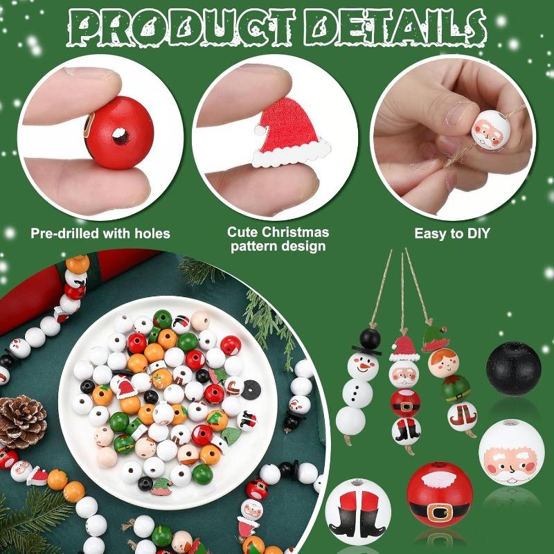 Christmas Snowman Wooden Beads Set DIY Xmas Tree Hanging Pendants Winter Santa Ornaments Creative Handmade Wood Loose Bead Decor