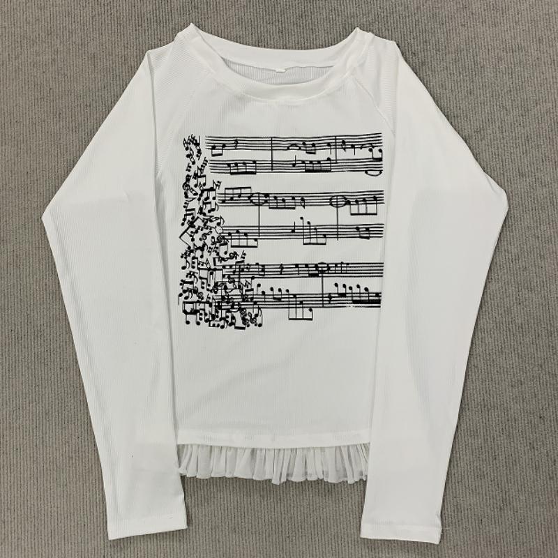Abbigliamento Y2K Primavera e Autunno Personalizzato con Stampa di Note Musicali Grembiule Bordo Piccola Gonna Design Girocollo Top