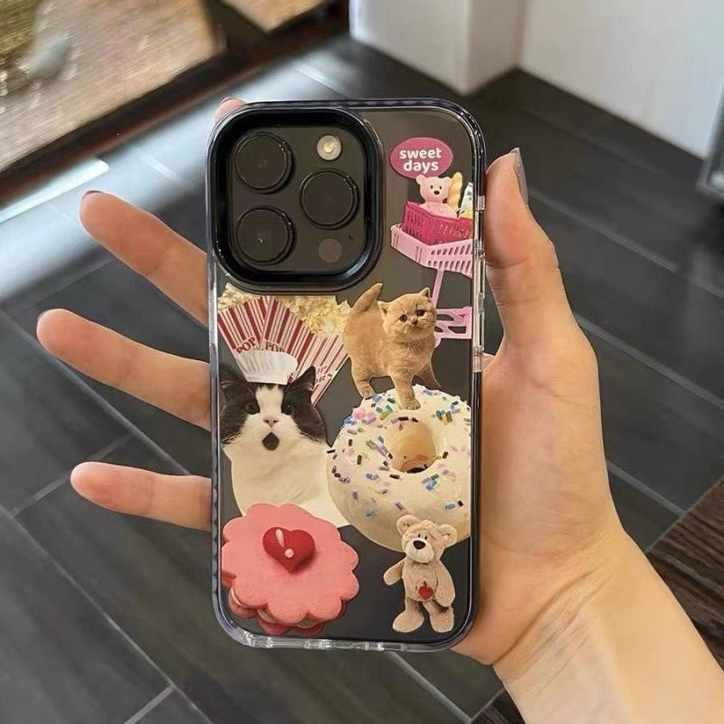 Cute Donut Cat Apple 15promax Mobile Phone Case iPhone14 Two-color 13 Transparent Black Edge 12 Female 11