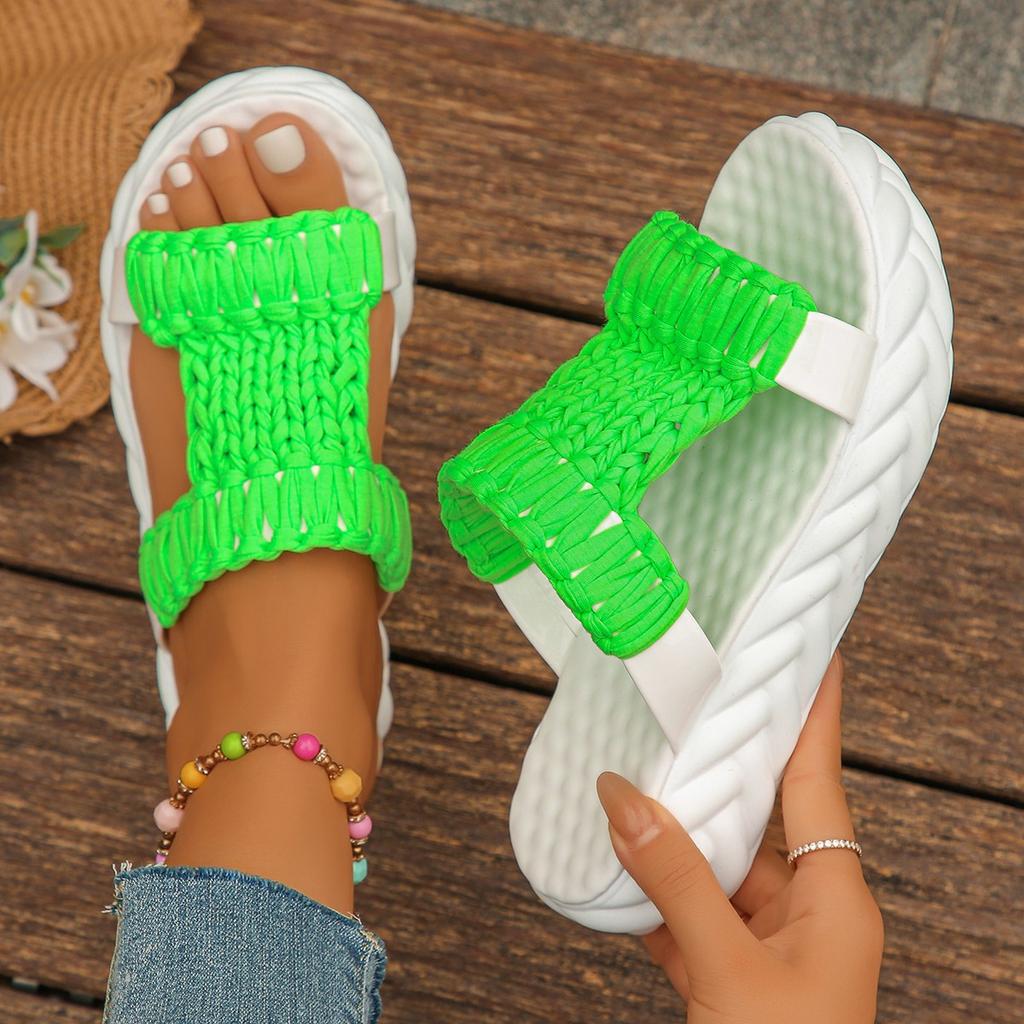 Frühling und Sommer Koreanische Version von Muffinabsatz Dicksohlige Sandalen Damenschuhe Gewebte Wolle Bonbonfarbe Lässige Damenpantoffeln