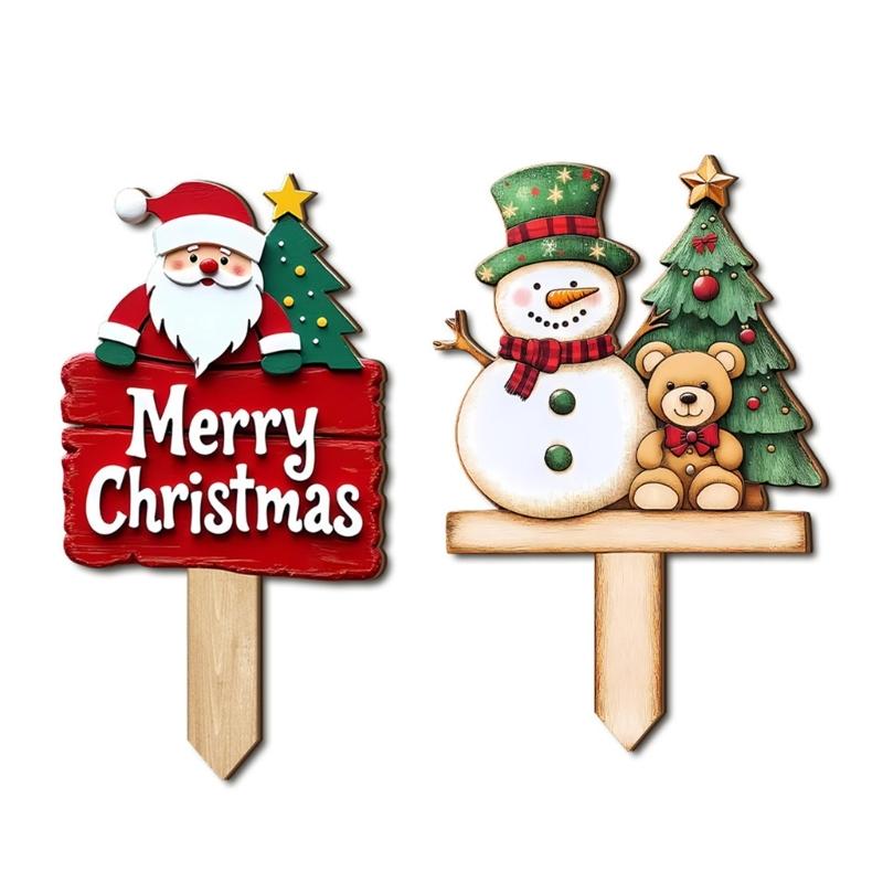 Santa Snowman Holiday Yard Stake Handcrafted Wooden Door Plaque For Seasonal Celebration Party Decoration