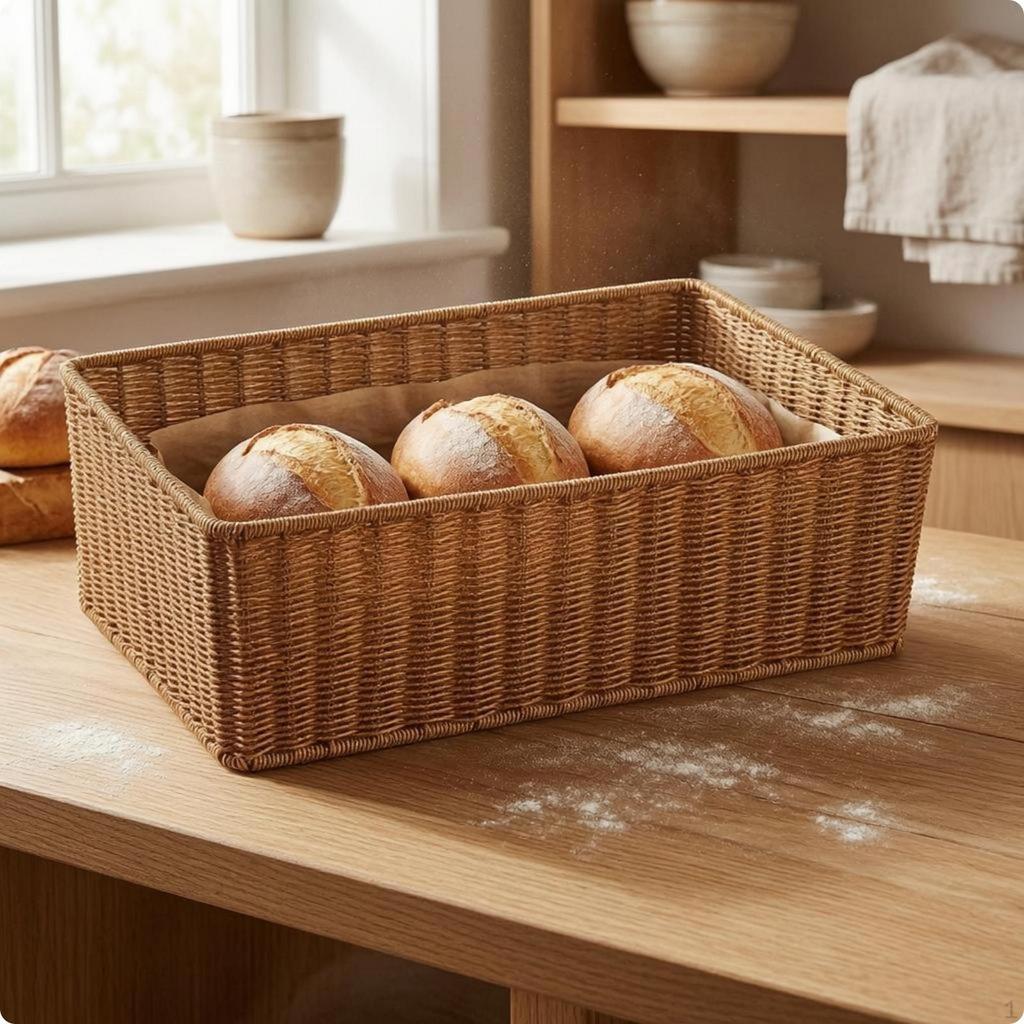 Rectangular Woven Basket Handwoven OpenTop Storage Reinforced Rim for Kitchen Counter, Table