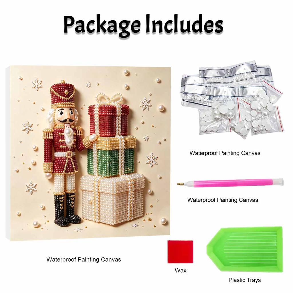 Handmade Framed Pearl Painting Set with Christmas Nutcracker and Gift Boxes Design 5D Shiny Bead Art Canvas Creative Craft for Room Decor