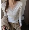 GlowGir Sexy V-Neck Long Sleeve T-Shirt Women Fashion Lace Patchwork Solid Color Bottoming Shirt Spring Autumn Stretch Slimming Base Tee