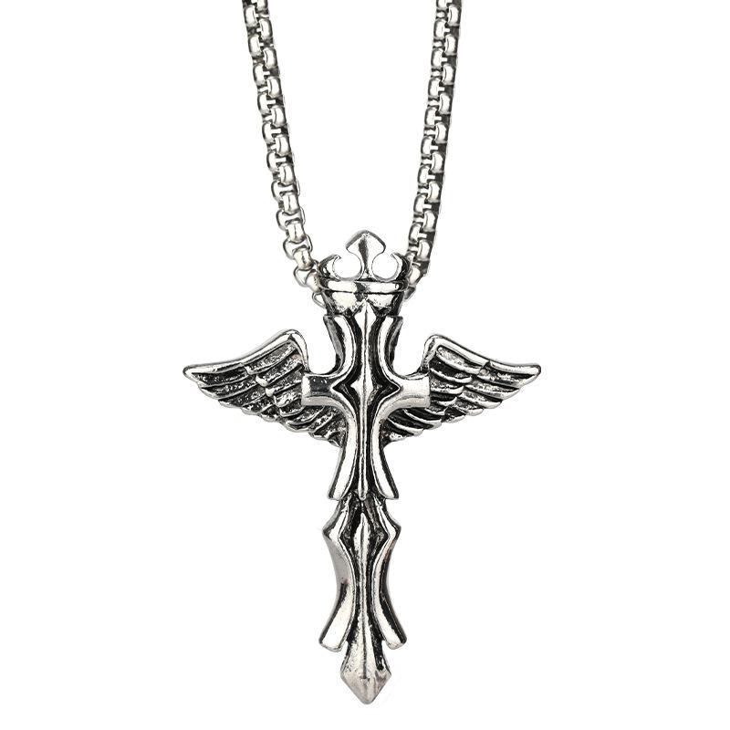 Angel Wings Cross Cool Men'S Titanium Steel Necklace Hip Hop Punk Hipster Street Jewelry Pendant