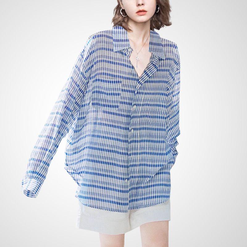 

Blue and White Fashion Color Contrast Top Retro Plaid Shirt Blue Stripe XL