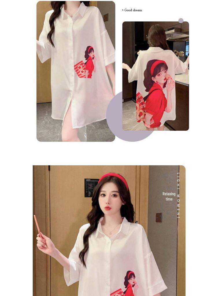 Japanese Ice Silk Red Print Nightdress - Sexy, Lightweight, Summer-Ready Pajamas for Women