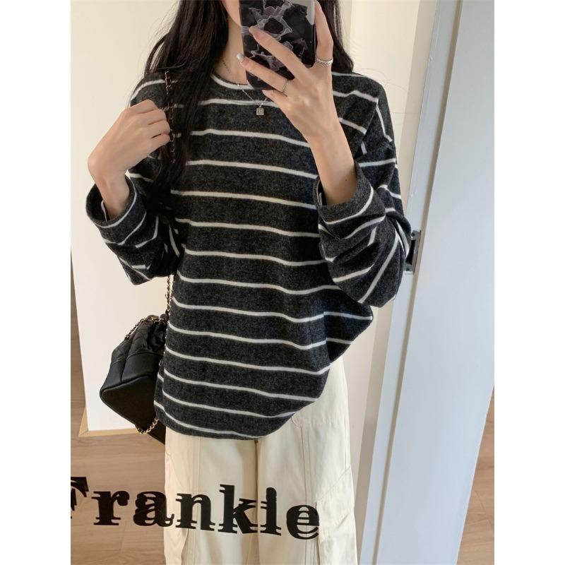 

Меланжевая теплая базовая рубашка Осень и зима контрастная полосатая рубашка с длинными рукавами и передними плечами модный вязаный свитер XL темно-серого