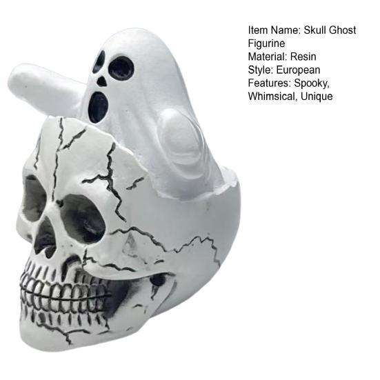 Mini Skull Head with Ghost Figurine Spooky Skeleton Head Ghost Halloween Decor for Gothic Porch Indoor Office Desk Tabletop Mantel Decoration