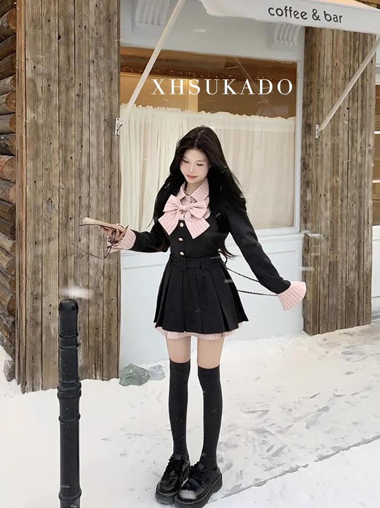 XHSUKADO Long Detachable Cute Striped Faux High Girly Student Size M Women's Korean-style Dress, Sleeves, Belt, Ribbon, Pattern, Pleated, Layered,