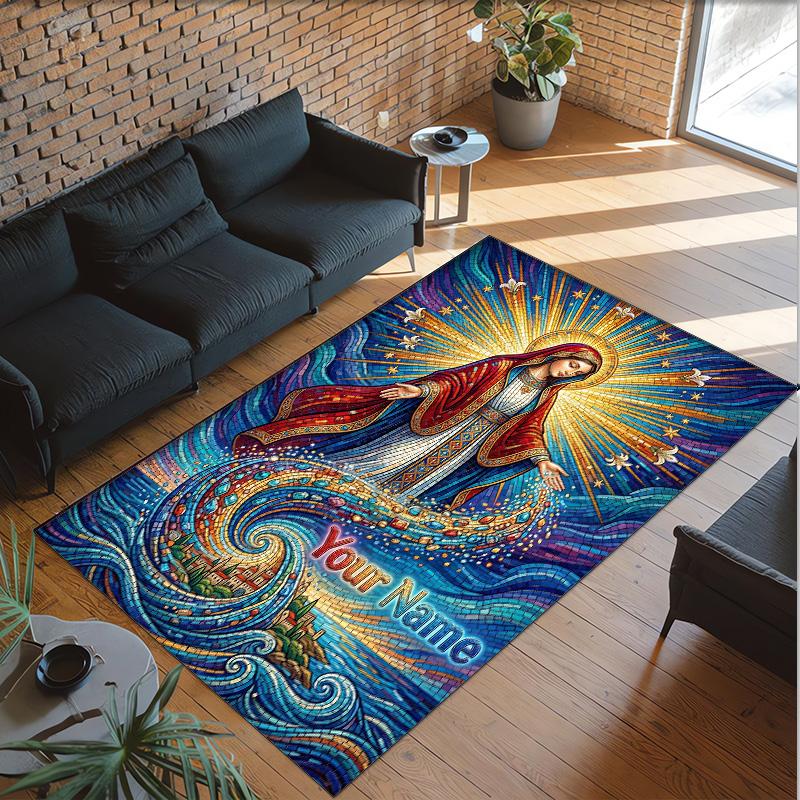 Virgin Mary Theme Crystal Velvet Rug Personalized Custom Name Text Soft Floor Mat Home Decor
